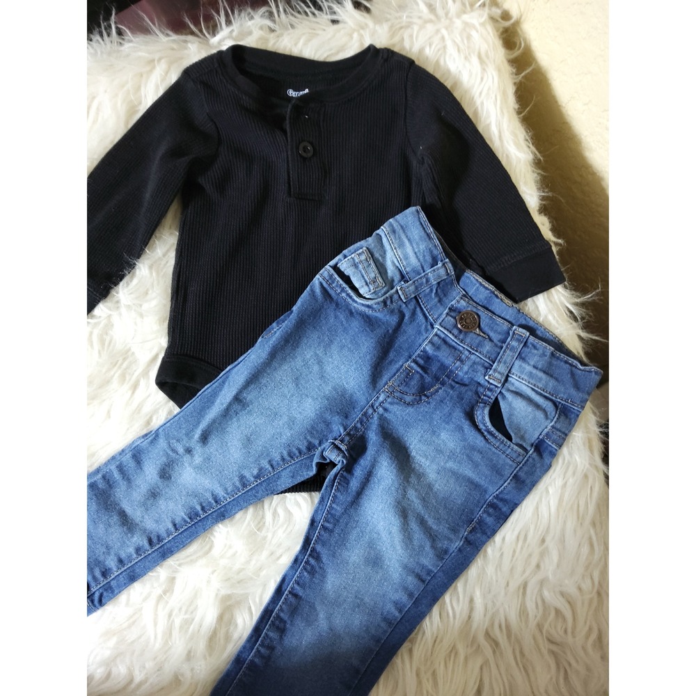 Garanimals Black Thermal Bodysuit and Pulla Bulla Blue Denim Jeans Set 3-6M